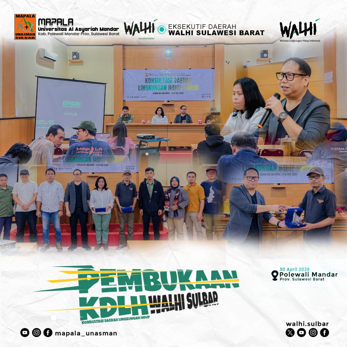 Konsultasi Daerah Lingkungan Hidup (KDLH) WALHI Sulawesi Barat resmi dibuka pada Rabu, 30 April 2026 di Gedung MK Universitas Al Asyariah Mandar.